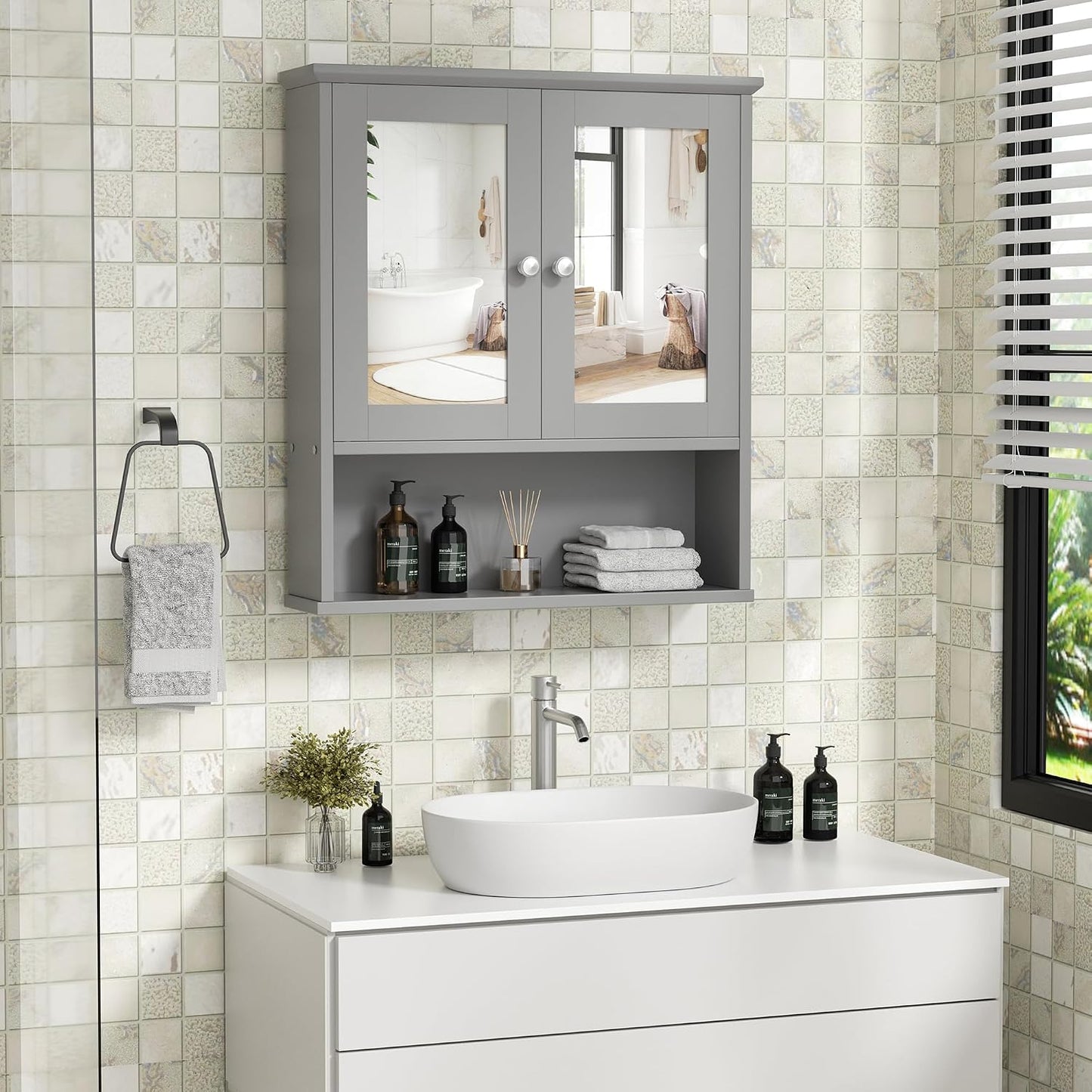 Bathroom Medicine Cabinet with Mirror, Wall Mounted, Gray