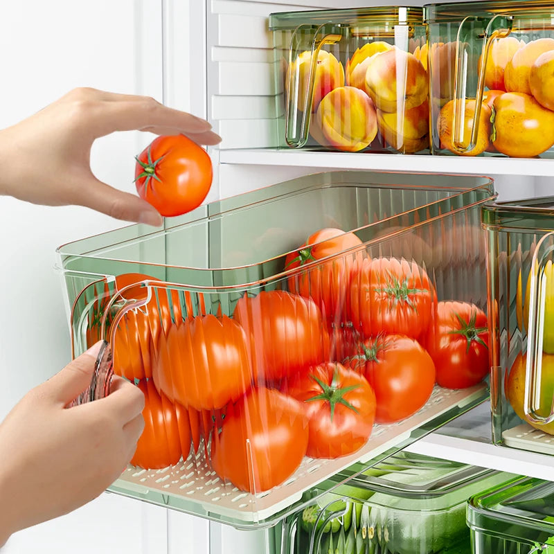 Stackable Refrigerator Storage Box with Lid & Handle - PET Food Container Organizer for Bread Vegetables Fruits Kitchen Home Use