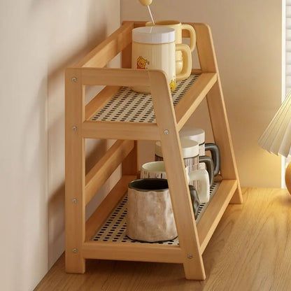 Wooden Storage Shelf for Kitchen Rattan Desktop Organizer Display Rack Spice Rack for Countertop Makeup Organizer
