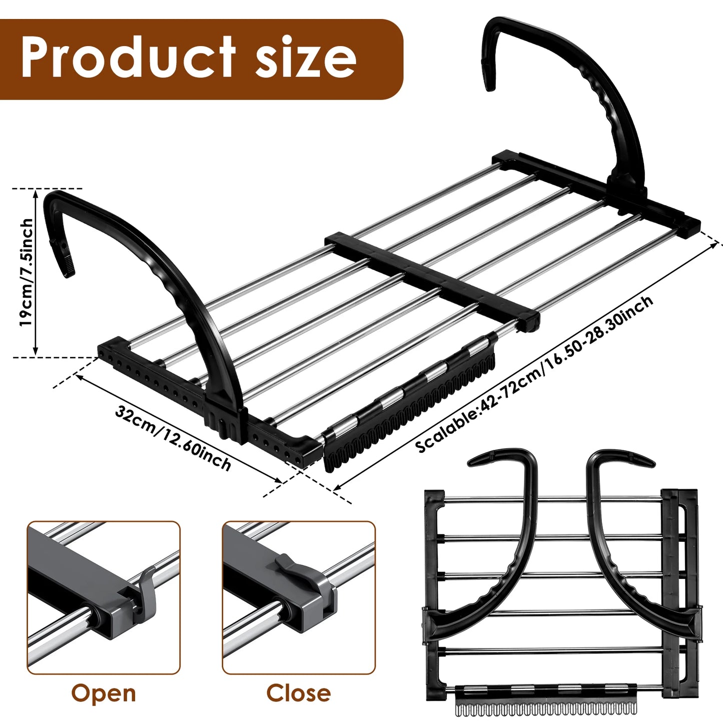 New Foldable Radiator Drying Rack Extendable Clothes Drying Hanger Stainless Steel 42-72Cm Shoes Towels Drying Rack for Balcony
