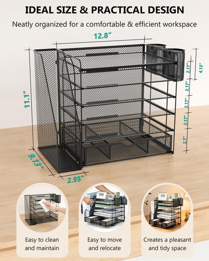6-Tier Desktop File Organizer with Drawer and Dual Pen Holders - Professional Office and Home Workspace Accessory, Black