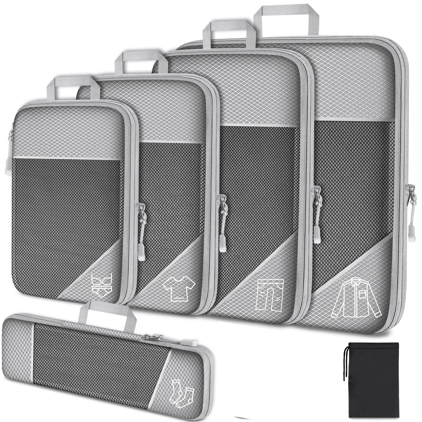 6PCS Travel Compressed Packing Cubes Storage Organizer Set with Shoe Bag Mesh Visual Luggage Portable Lightweight Suitcase Bag