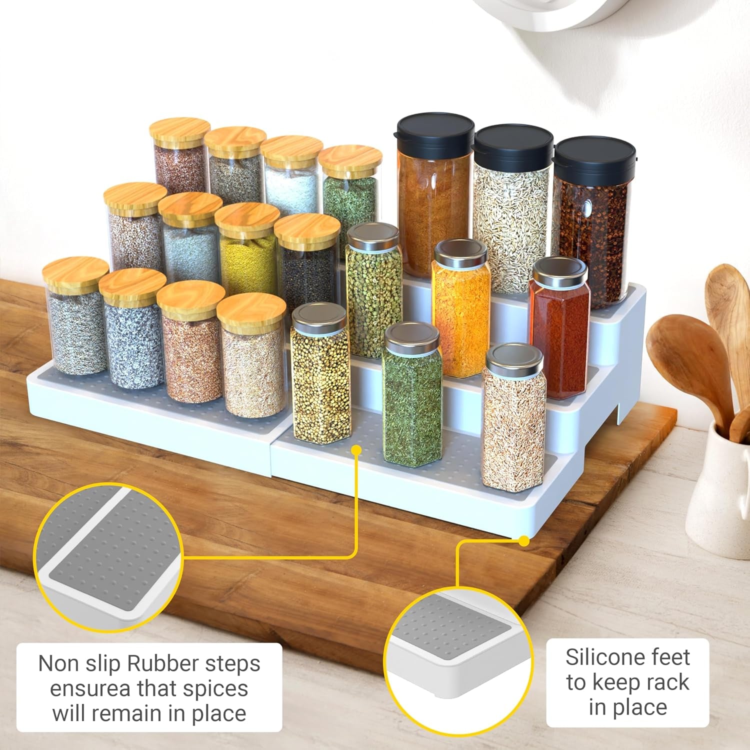 Expandable Spice Rack Organizer for Cabinet (2 Pack), 3-Tier Tiered Spice Shelf Organizer with Non-Skid Surface, Spice Riser, Adjustable Pantry Organizer for Spices, Cans & Medicine Cabinet