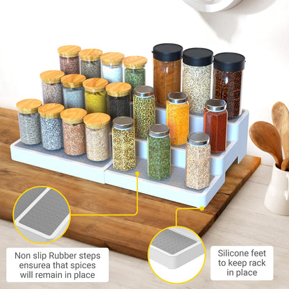 Expandable Spice Rack Organizer for Cabinet (2 Pack), 3-Tier Tiered Spice Shelf Organizer with Non-Skid Surface, Spice Riser, Adjustable Pantry Organizer for Spices, Cans & Medicine Cabinet