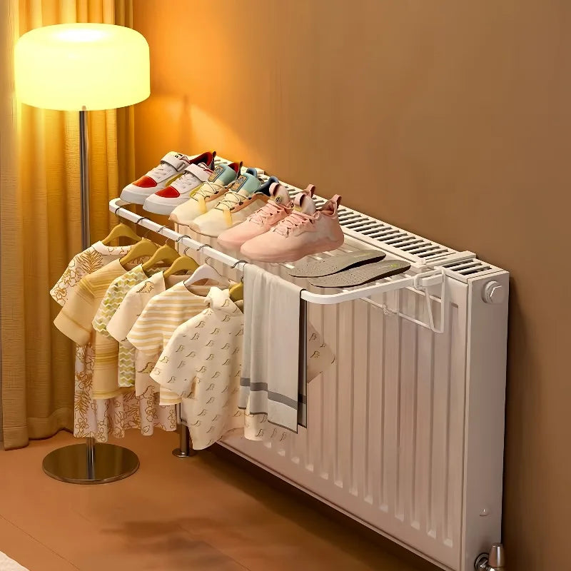 Heavy-Duty Wall-Mounted Radiator Rack - Pull-Out Clothes Drying Shelves & Rods | Space-Saving for Winter Garments (Black/White)