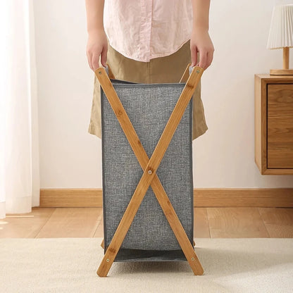 Dirty Clothes Laundry Basket Wood Bracket Foldable Cotton Linen Storage Baskets Bathroom Organizer Japanese Style Clothes Hamper