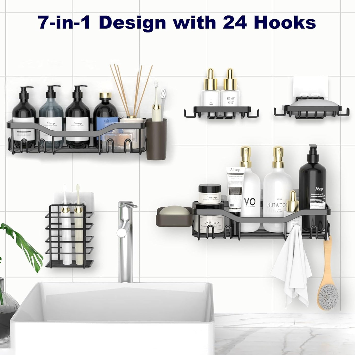 7-Pack Adhesive Stainless Steel Shower Organizer Shelf