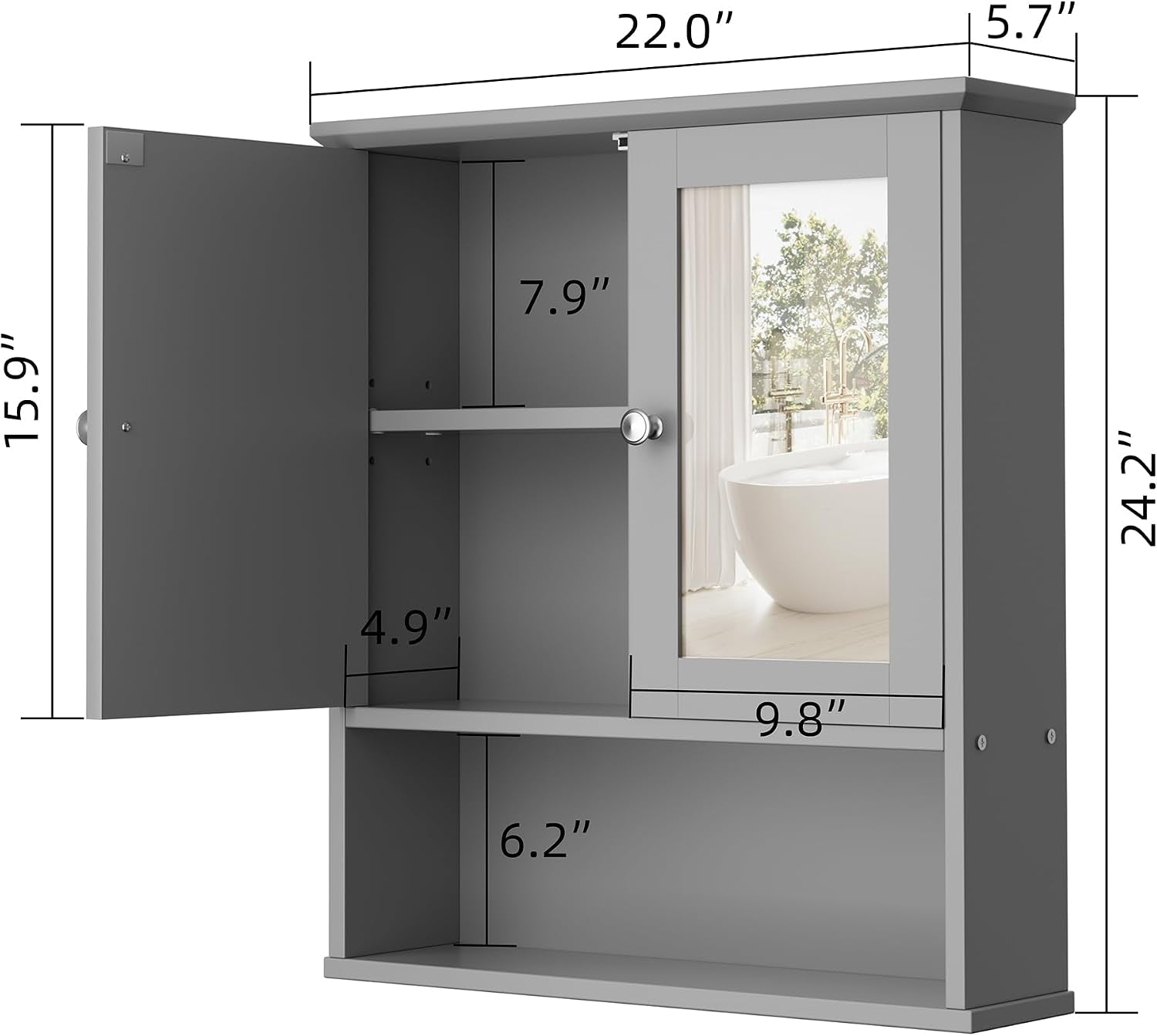 Bathroom Medicine Cabinet with Mirror, Wall Mounted, Gray
