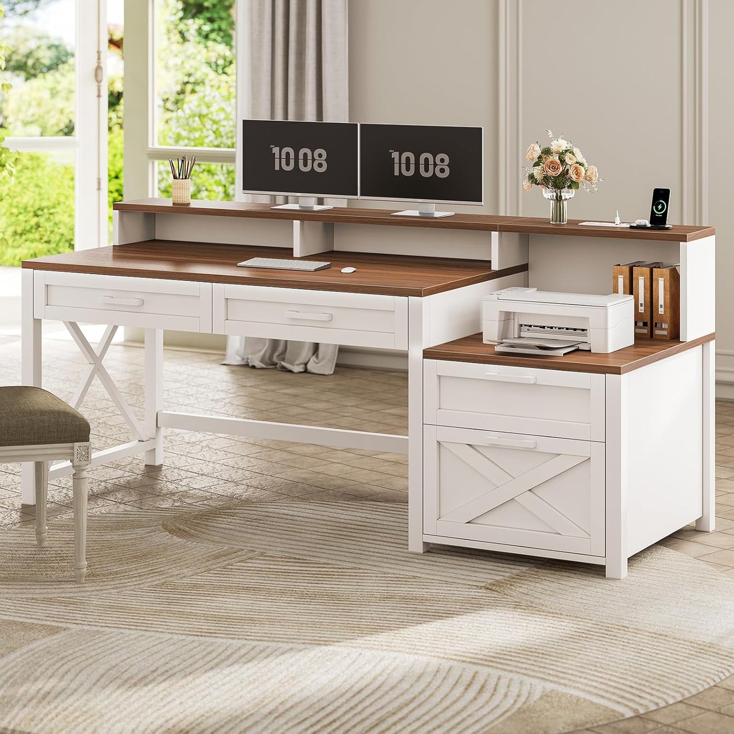 Farmhouse Desk with File Drawer & Printer Cabinet, White Brown
