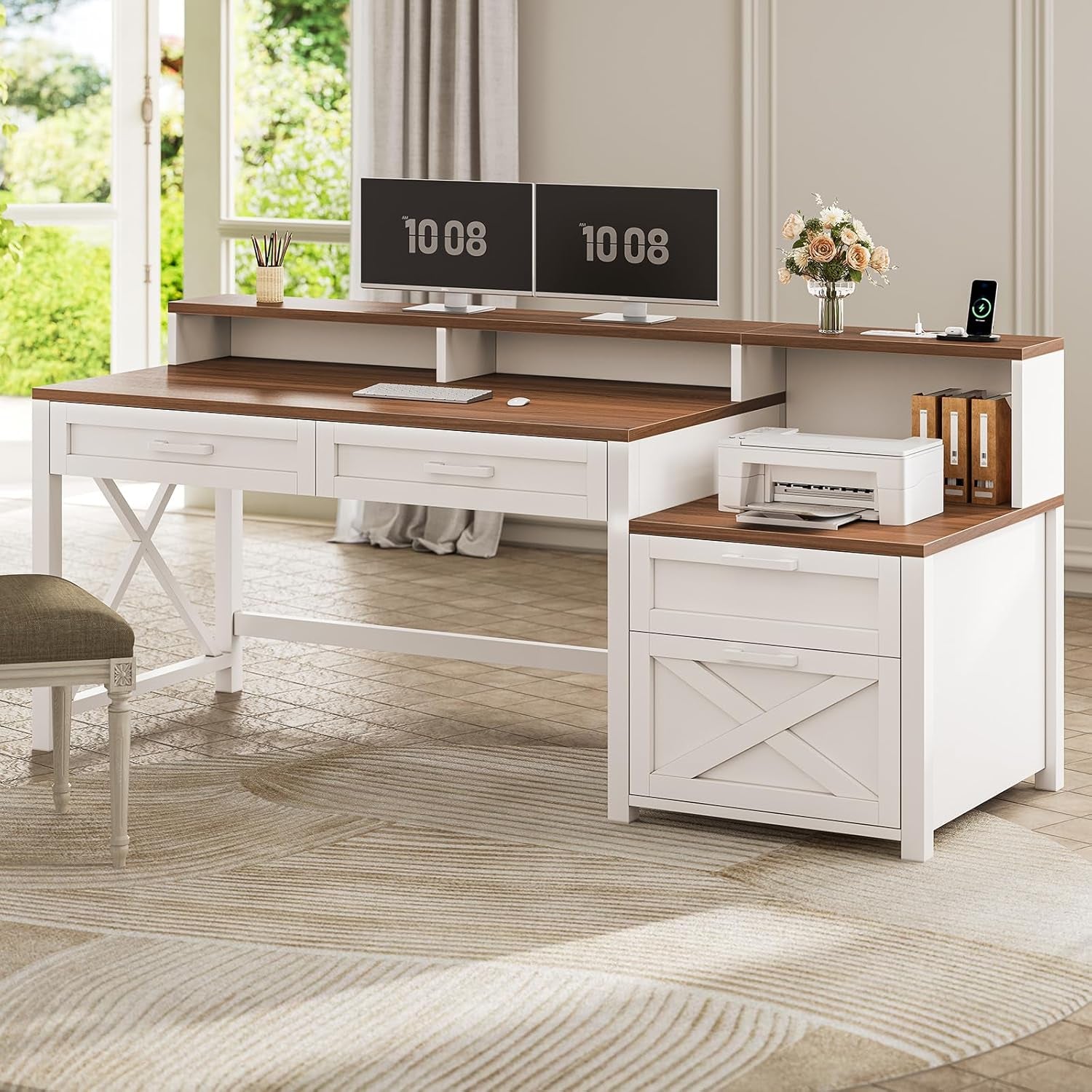 Farmhouse Desk with File Drawer & Printer Cabinet, White Brown