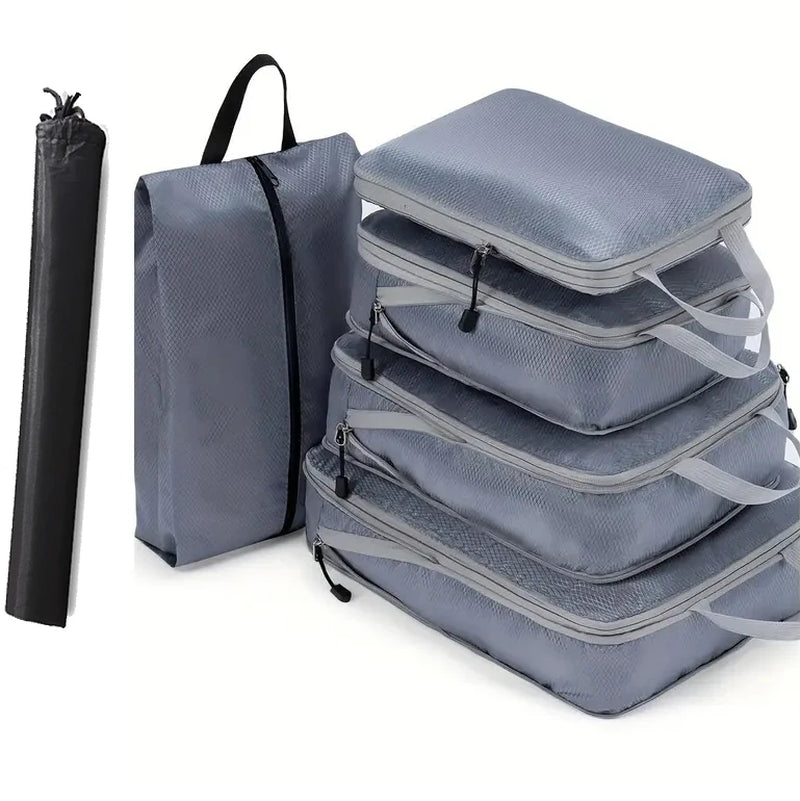 6PCS Travel Compressed Packing Cubes Storage Organizer Set with Shoe Bag Mesh Visual Luggage Portable Lightweight Suitcase Bag