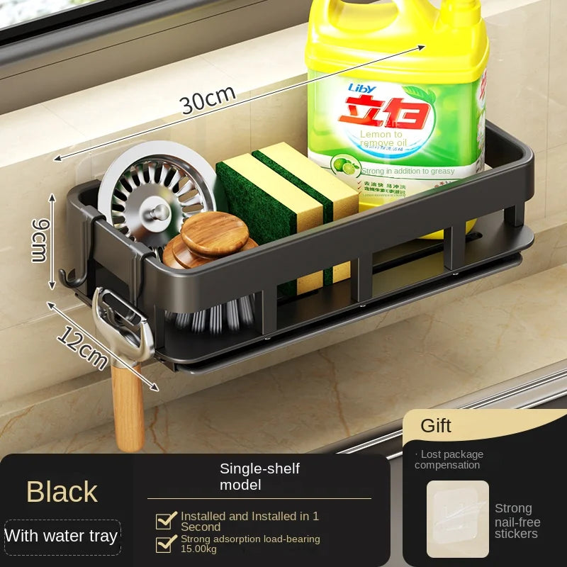 Towel Rack with Dish Drying Rack, Kitchen Storage, Wall-Mounted, No Drilling, Household Sink Sponge Holder, Water Basin