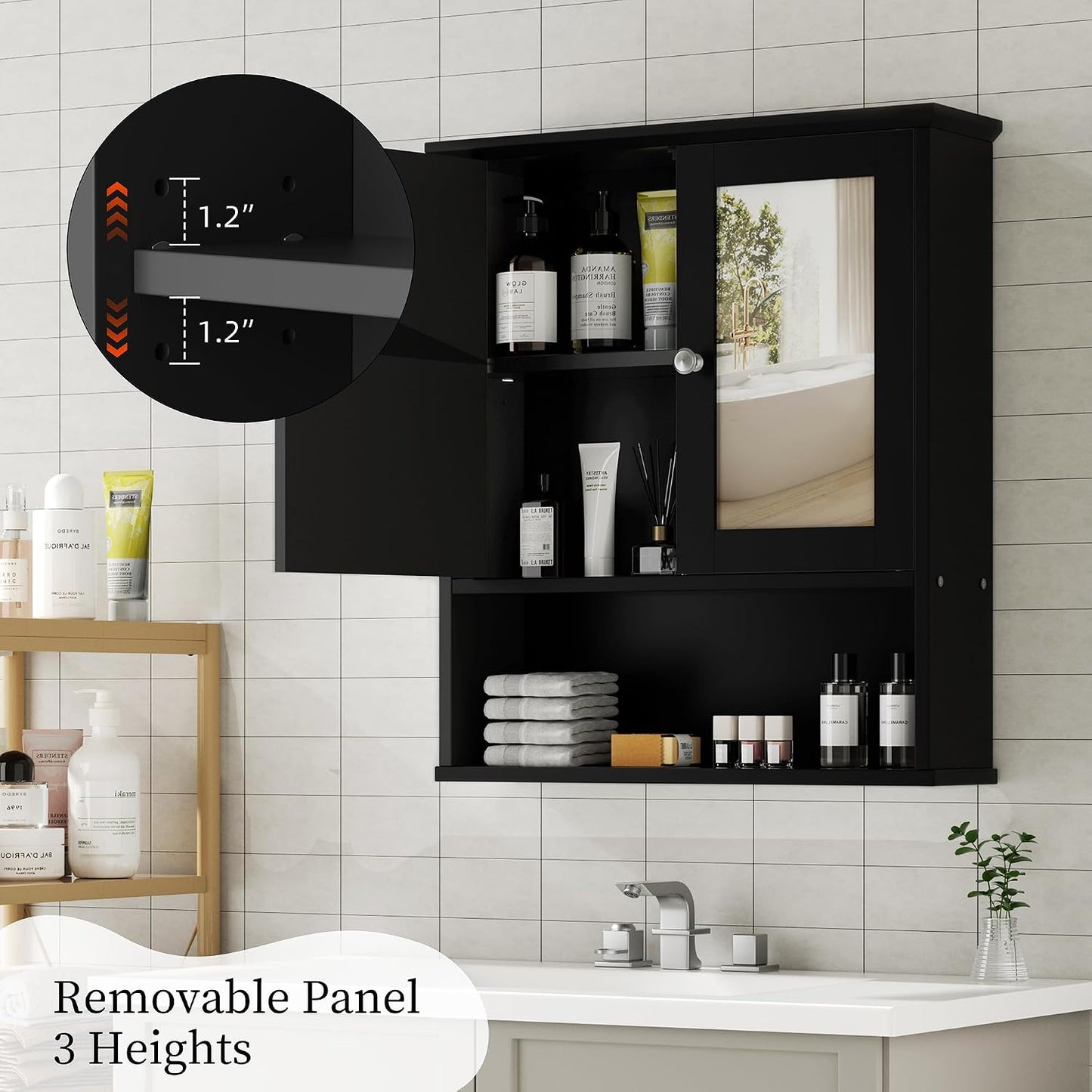 Bathroom Medicine Cabinet with Mirror, Wall Mounted, Black
