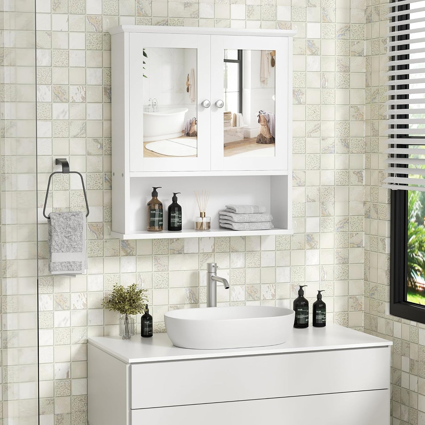 Bathroom Medicine Cabinet with Mirror, Wall Mounted, White