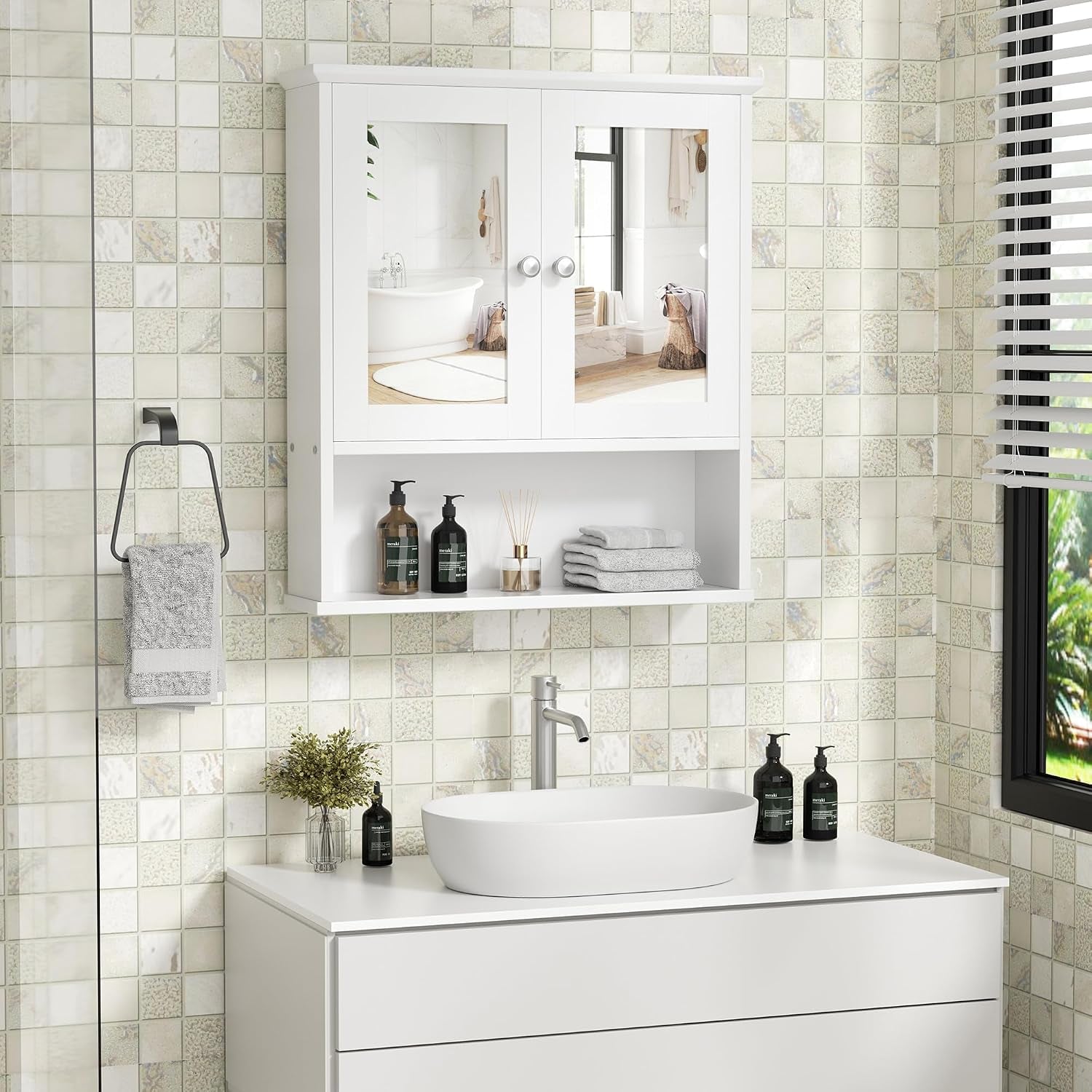 Bathroom Medicine Cabinet with Mirror, Wall Mounted, White