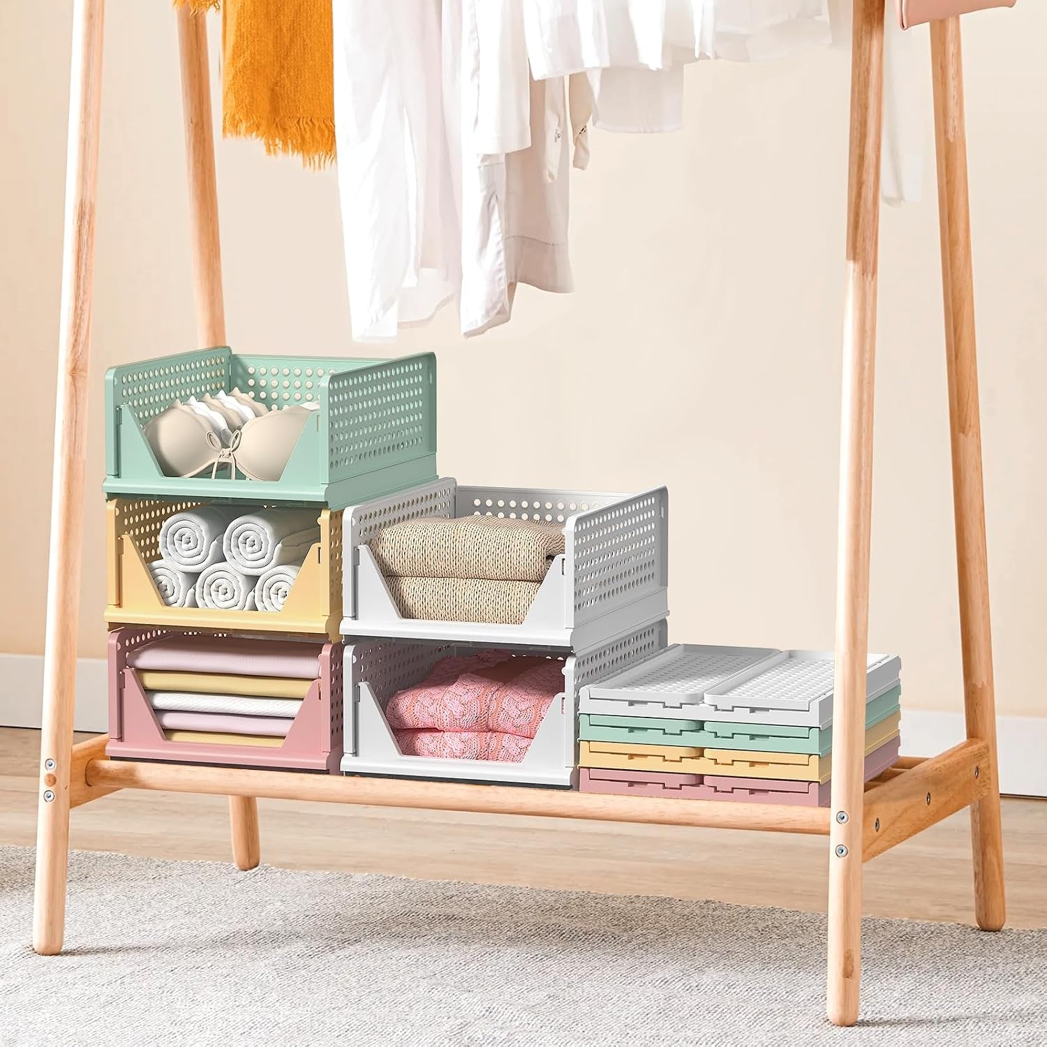 4 Set Faltbaren Kleiderschrank Organizer, Schubladenbox Stapelbaren Aufbewahrungsboxen Plastik Organizer Regal Schrank, Stapelschubladen Für Kleidung Schlafzimmer Küche Badezimmer-Bunt