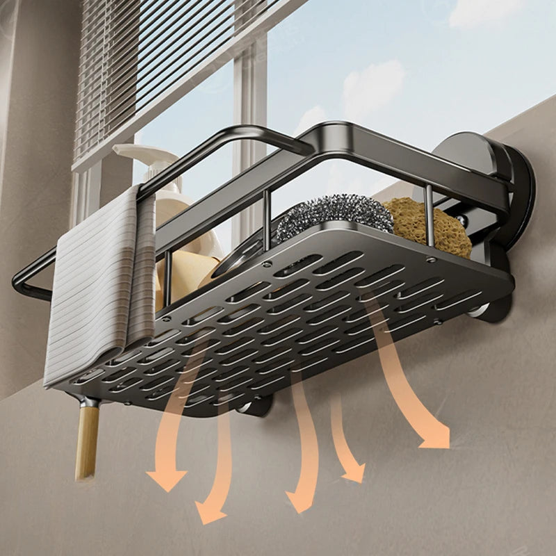 AOBT No-Drill Kitchen Sink Storage Rack Suction Cup Cloth Draining Rack Multifunctional Wall-Mounted Sink Shelf Utensils Dishes