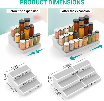 Expandable Spice Rack Organizer for Cabinet (2 Pack), 3-Tier Tiered Spice Shelf Organizer with Non-Skid Surface, Spice Riser, Adjustable Pantry Organizer for Spices, Cans & Medicine Cabinet