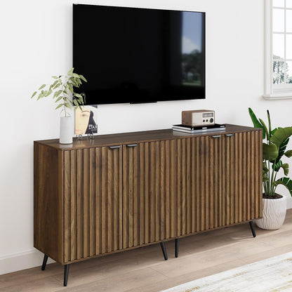 Fluted Sideboard Cabinet, Freestanding Walnut Buffet Cabinet with Adjustable Shelf, Wood Storage Cabinet for Living Room, Entryway, Hallway