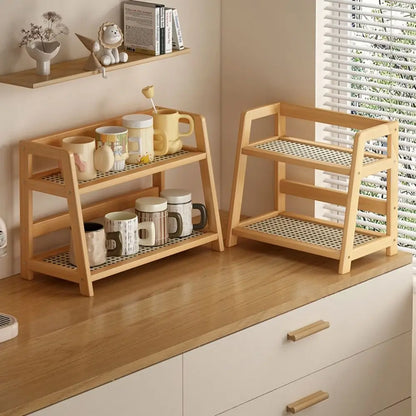 Wooden Storage Shelf for Kitchen Rattan Desktop Organizer Display Rack Spice Rack for Countertop Makeup Organizer