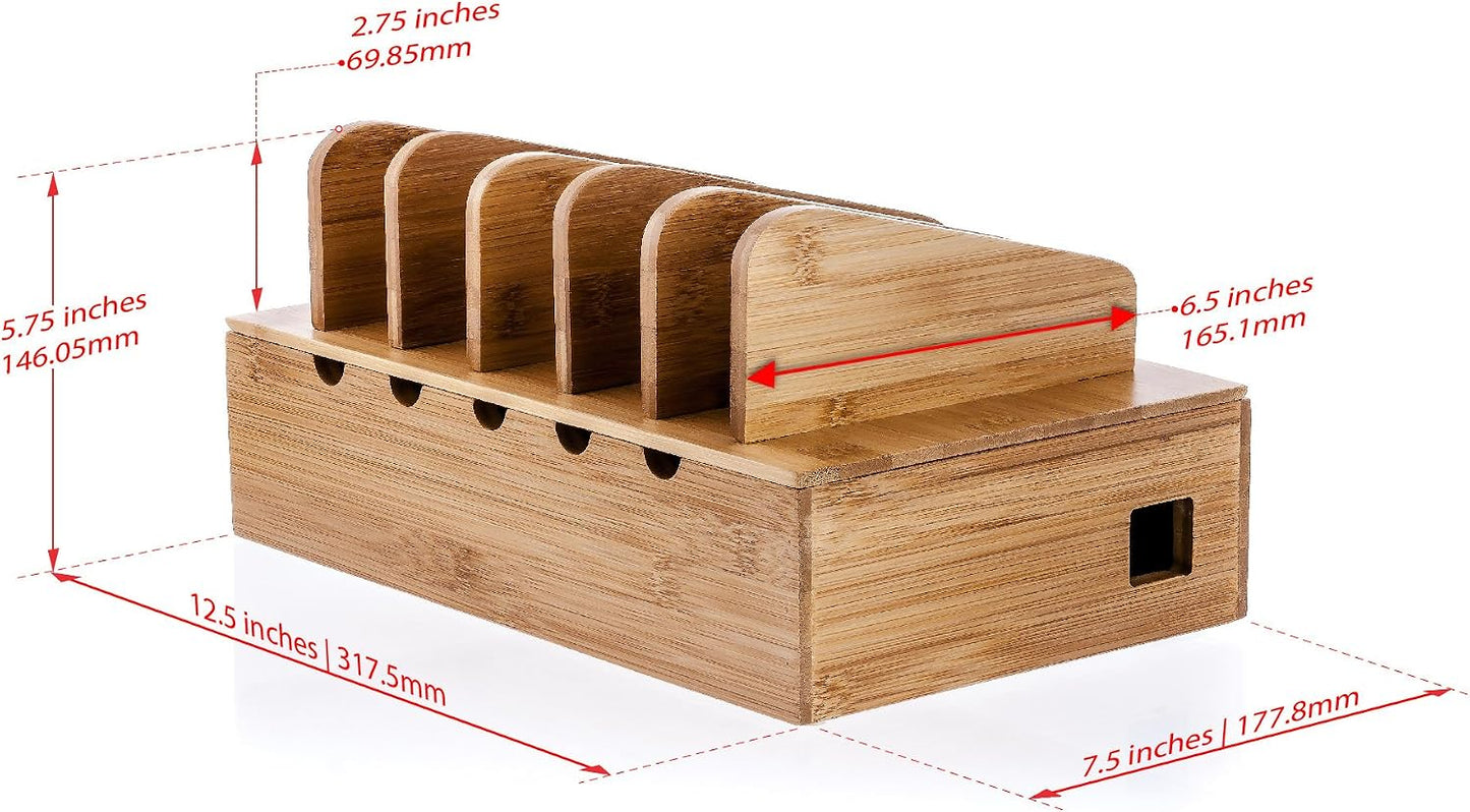 Wooden Charging Station Organizer - 5-Port Base for Phones, Tablets and Laptops - Multi-Device Docking Station with Removable Divider Slots - Cord Box with Cable Management - Bamboo