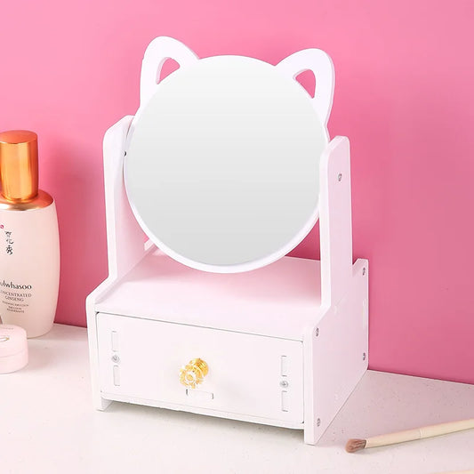 Desktop Drawer-Type Vanity Mirror Storage Box round Makeup Mirror for Dressing Table Organizer for Jewelry Skincare Products