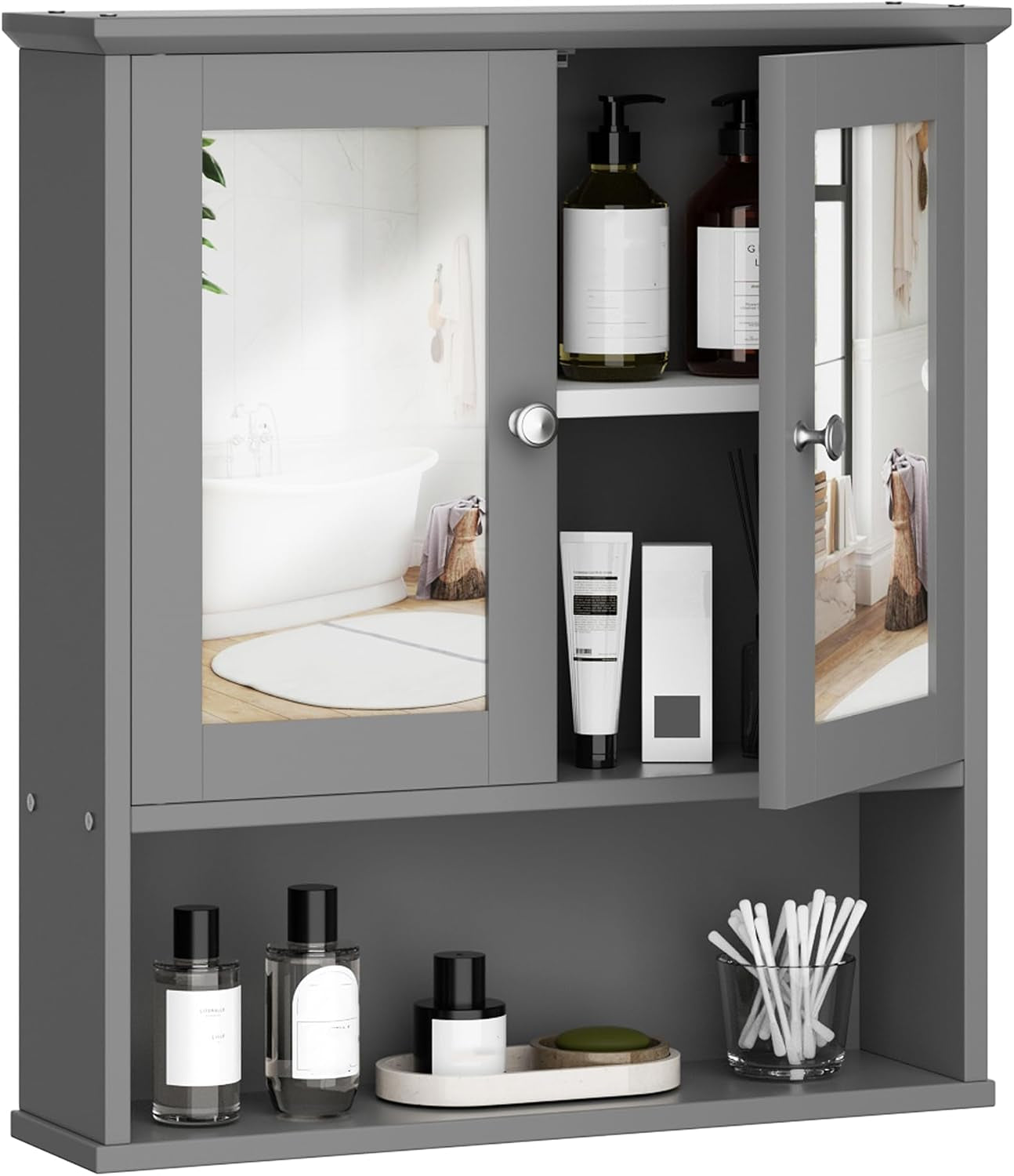 Bathroom Medicine Cabinet with Mirror, Wall Mounted, Gray