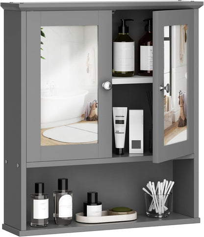 Bathroom Medicine Cabinet with Mirror, Wall Mounted, Gray