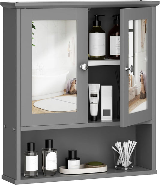 Bathroom Medicine Cabinet with Mirror, Wall Mounted, Gray