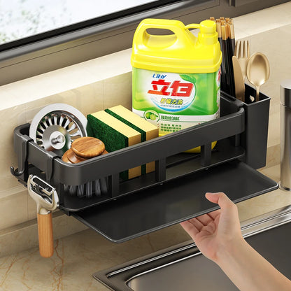 Towel Rack with Dish Drying Rack, Kitchen Storage, Wall-Mounted, No Drilling, Household Sink Sponge Holder, Water Basin