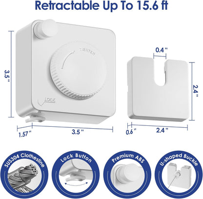 Retractable Clothesline Indoor, Non-Sagging Clothes Line Retracting Outdoors,15.6Ft Heavy Duty Clothes Drying Laundry Line, Wall Mounted Clothesline (White)
