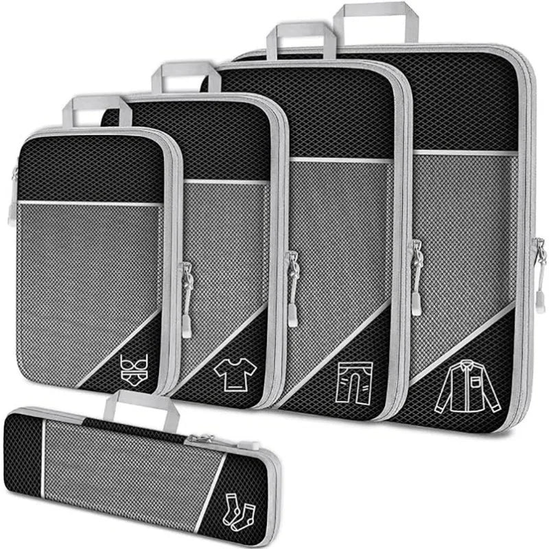 5PCS Travel Compressed Packing Cubes Storage Organizer Set with Shoe Bag Mesh Visual Luggage Portable Lightweight Suitcase Bag