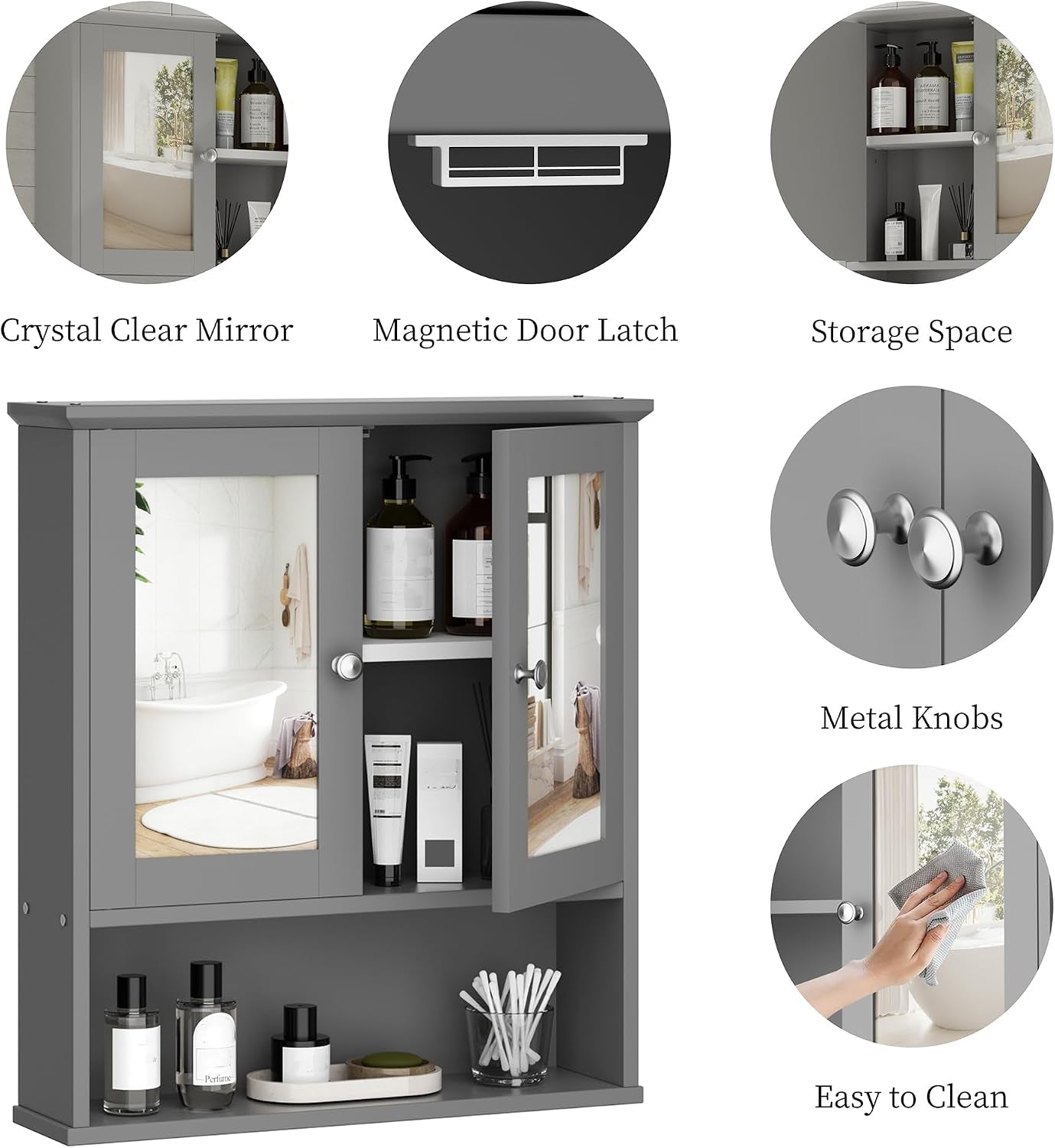 Bathroom Medicine Cabinet with Mirror, Wall Mounted, Gray