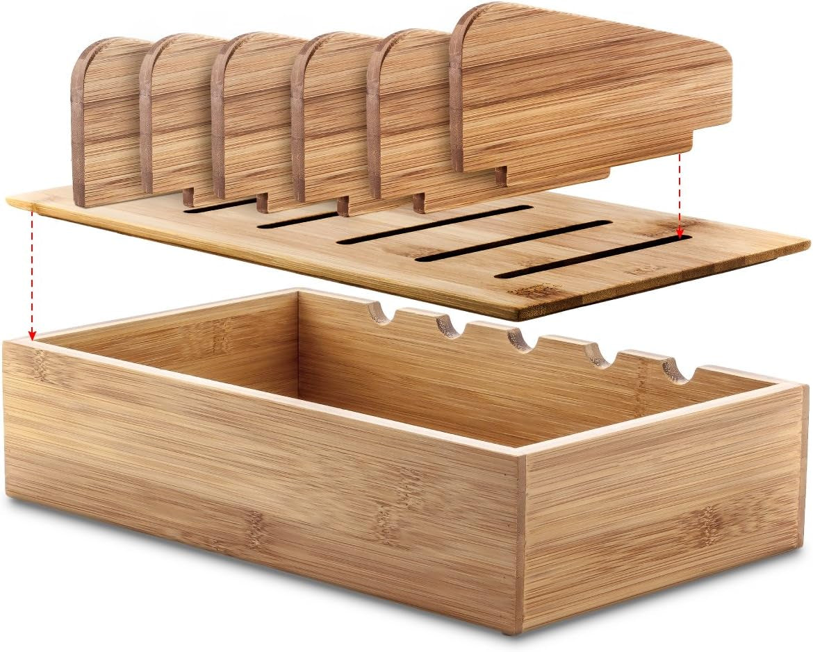 Wooden Charging Station Organizer - 5-Port Base for Phones, Tablets and Laptops - Multi-Device Docking Station with Removable Divider Slots - Cord Box with Cable Management - Bamboo