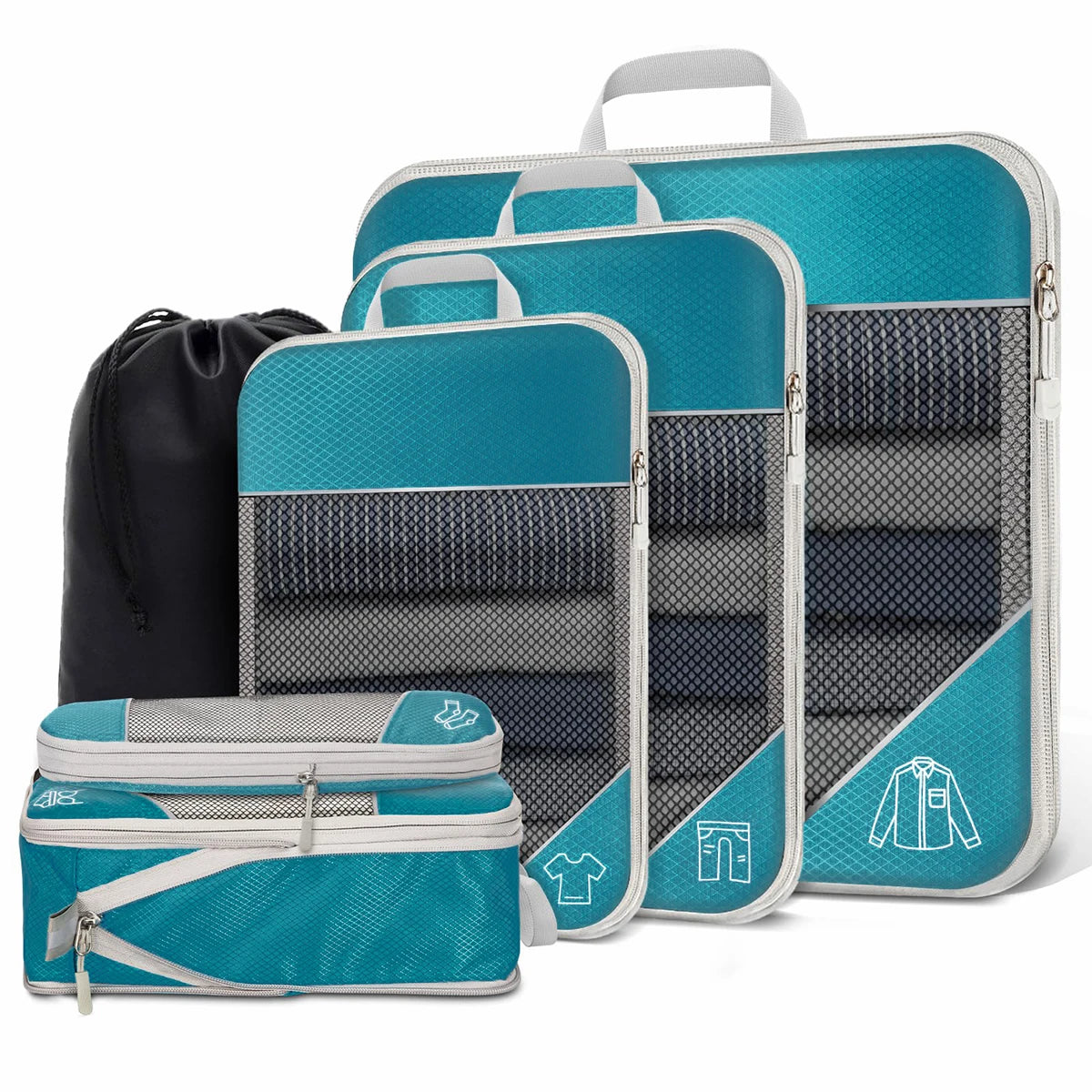 6PCS Travel Compressed Packing Cubes Storage Organizer Set with Shoe Bag Mesh Visual Luggage Portable Lightweight Suitcase Bag