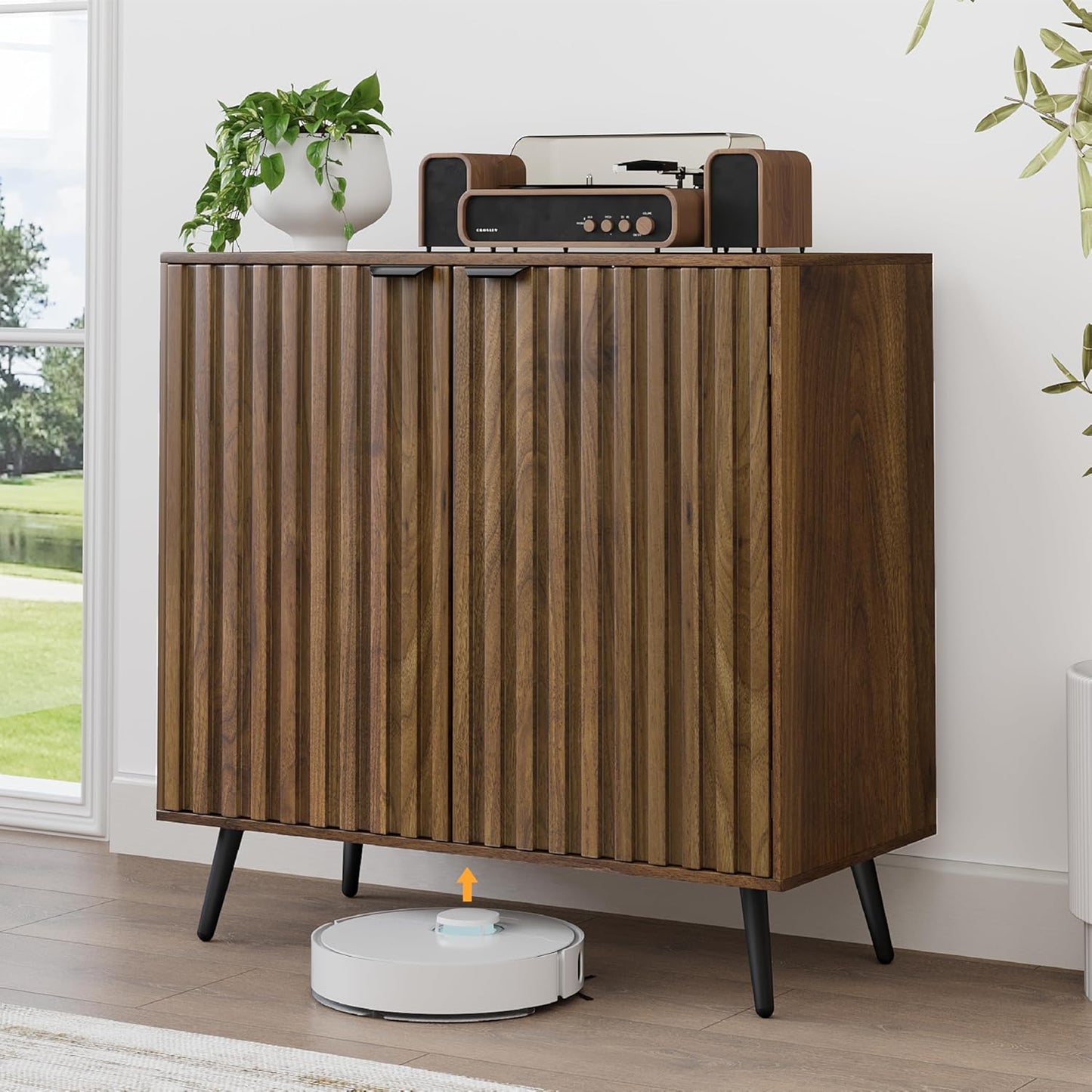 Fluted Sideboard Cabinet, Freestanding Walnut Buffet Cabinet with Adjustable Shelf, Wood Storage Cabinet for Living Room, Entryway, Hallway