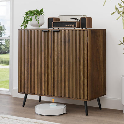 Fluted Sideboard Cabinet, Freestanding Walnut Buffet Cabinet with Adjustable Shelf, Wood Storage Cabinet for Living Room, Entryway, Hallway
