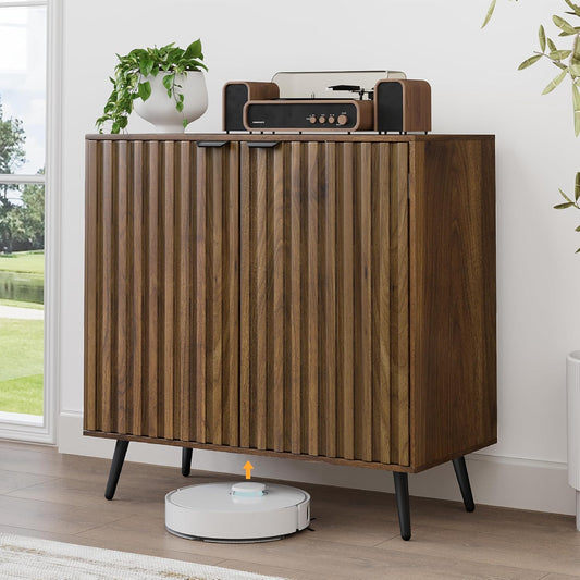 Fluted Sideboard Cabinet, Freestanding Walnut Buffet Cabinet with Adjustable Shelf, Wood Storage Cabinet for Living Room, Entryway, Hallway