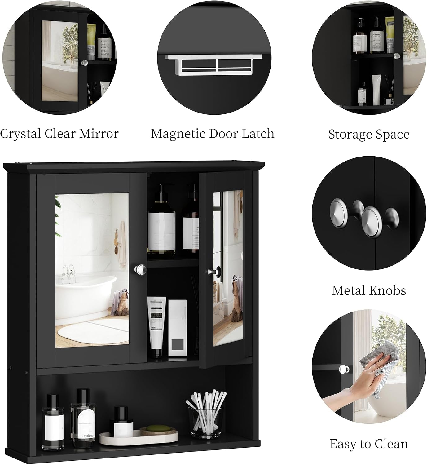 Bathroom Medicine Cabinet with Mirror, Wall Mounted, Black