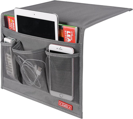 Bedside Storage Organizer with 4 Pockets - Classic Grey Table Cabinet for Remotes, Phones, and Glasses