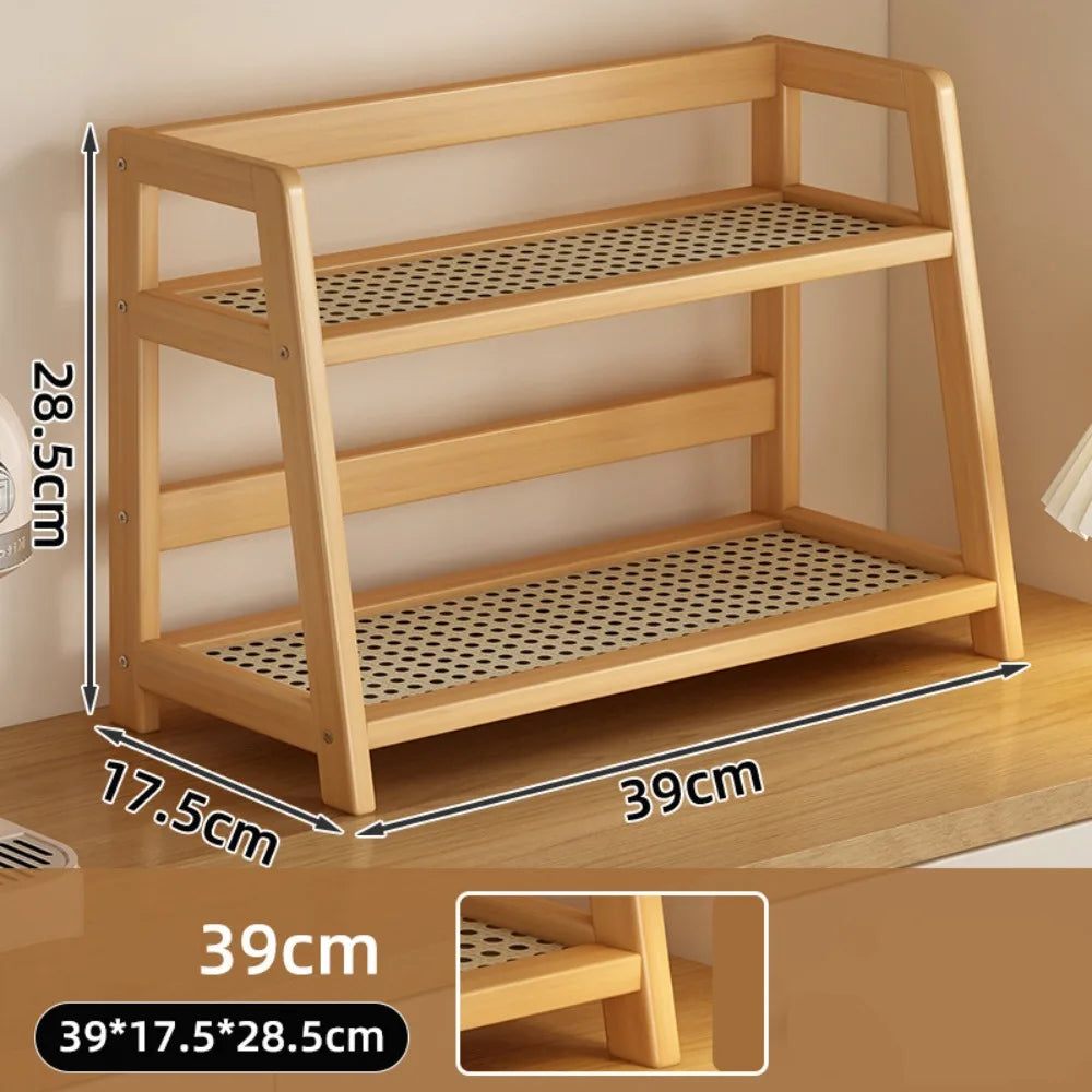Wooden Storage Shelf for Kitchen Rattan Desktop Organizer Display Rack Spice Rack for Countertop Makeup Organizer