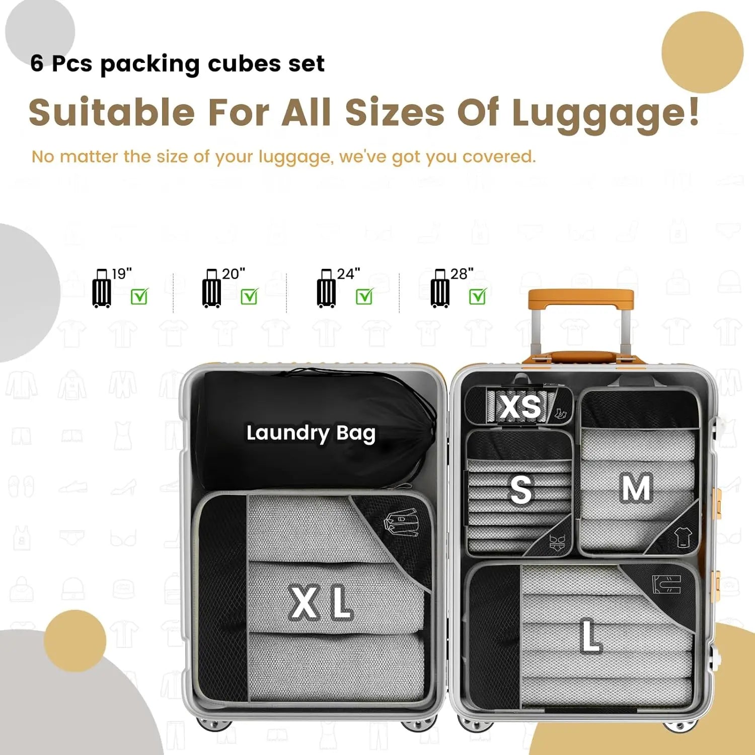 6PCS Travel Compressed Packing Cubes Storage Organizer Set with Shoe Bag Mesh Visual Luggage Portable Lightweight Suitcase Bag