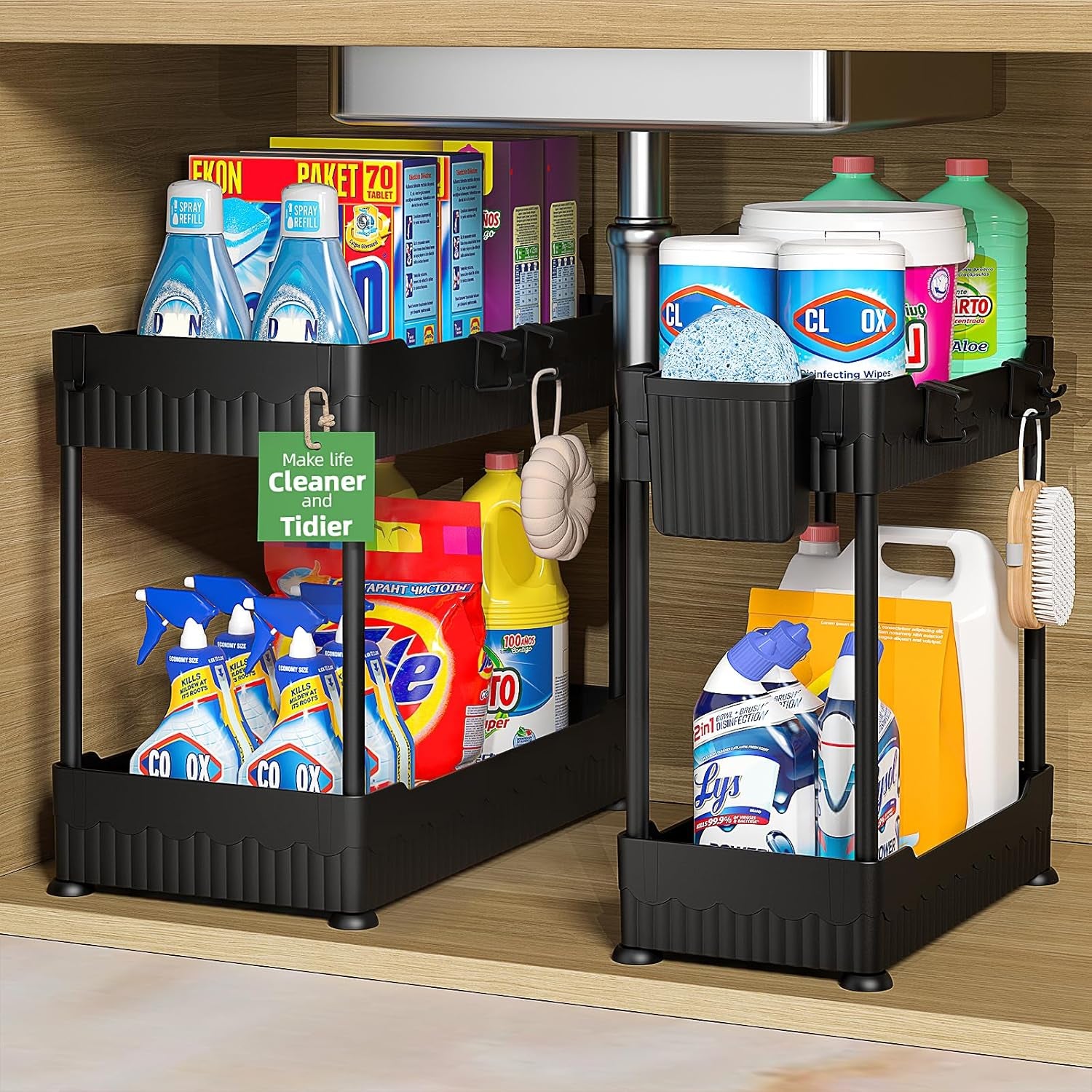 Under-Sink Organizer Set with Hooks and Hanging Cups for Kitchen Storage - 2-Pack