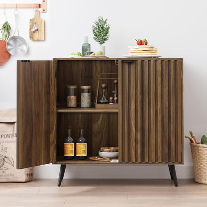 Fluted Sideboard Cabinet, Freestanding Walnut Buffet Cabinet with Adjustable Shelf, Wood Storage Cabinet for Living Room, Entryway, Hallway