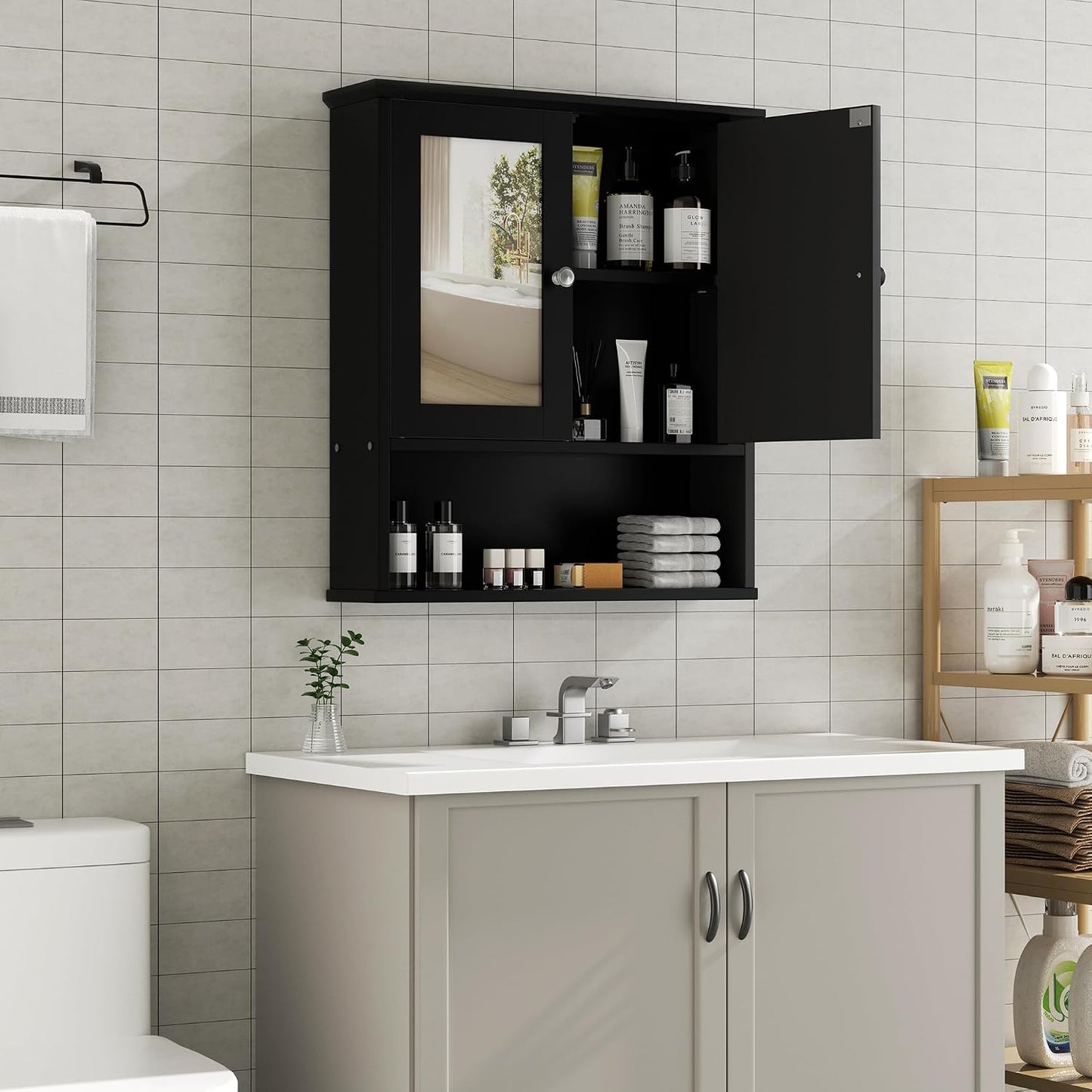 Bathroom Medicine Cabinet with Mirror, Wall Mounted, Black